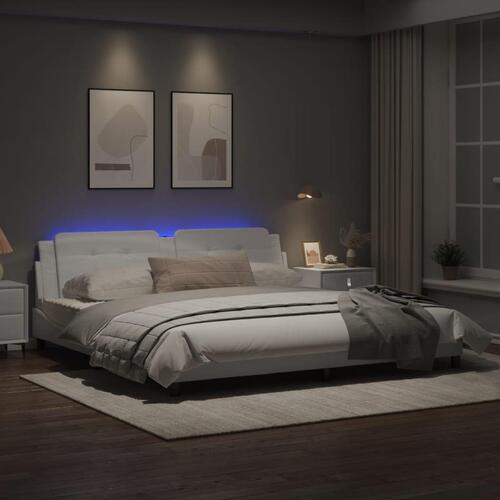 Sengeramme med LED-lys 200x200 cm kunstlæder hvid