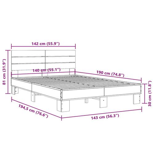 Sengestel 140x190cm konstrueret træ og metal røget egetræsfarve