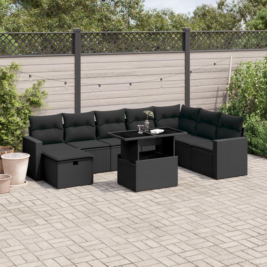 Sofasæt til haven 9 dele med hynder polyrattan sort