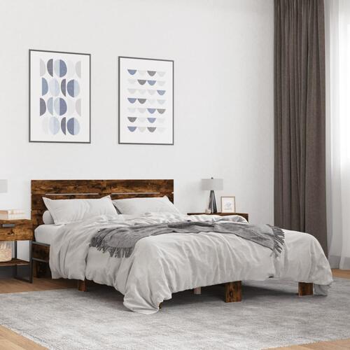Sengestel 135x190cm konstrueret træ og metal røget egetræsfarve