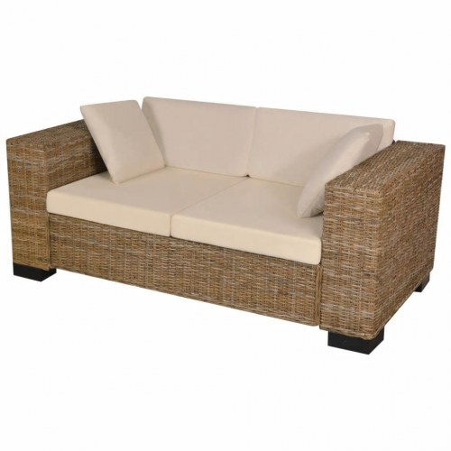 2-personers sofa i ægte rattan - natur med cremehvide hynder