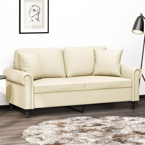 2-personers sofa med pyntepuder 140 cm kunstlæder cremefarvet