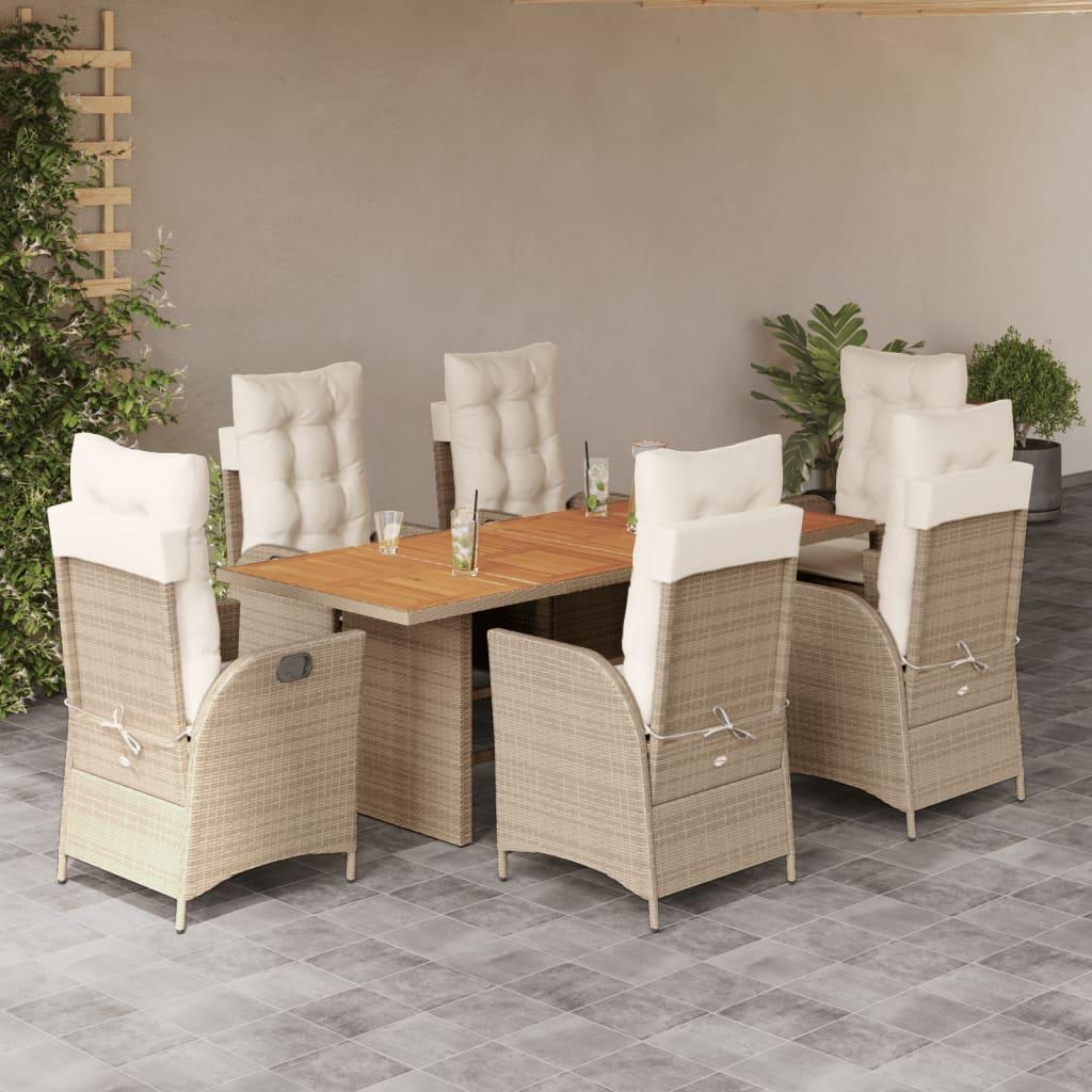 Spisebordssæt til haven 7 dele med hynder polyrattan beige