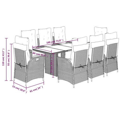 Spisebordssæt til haven 9 dele med hynder polyrattan beige