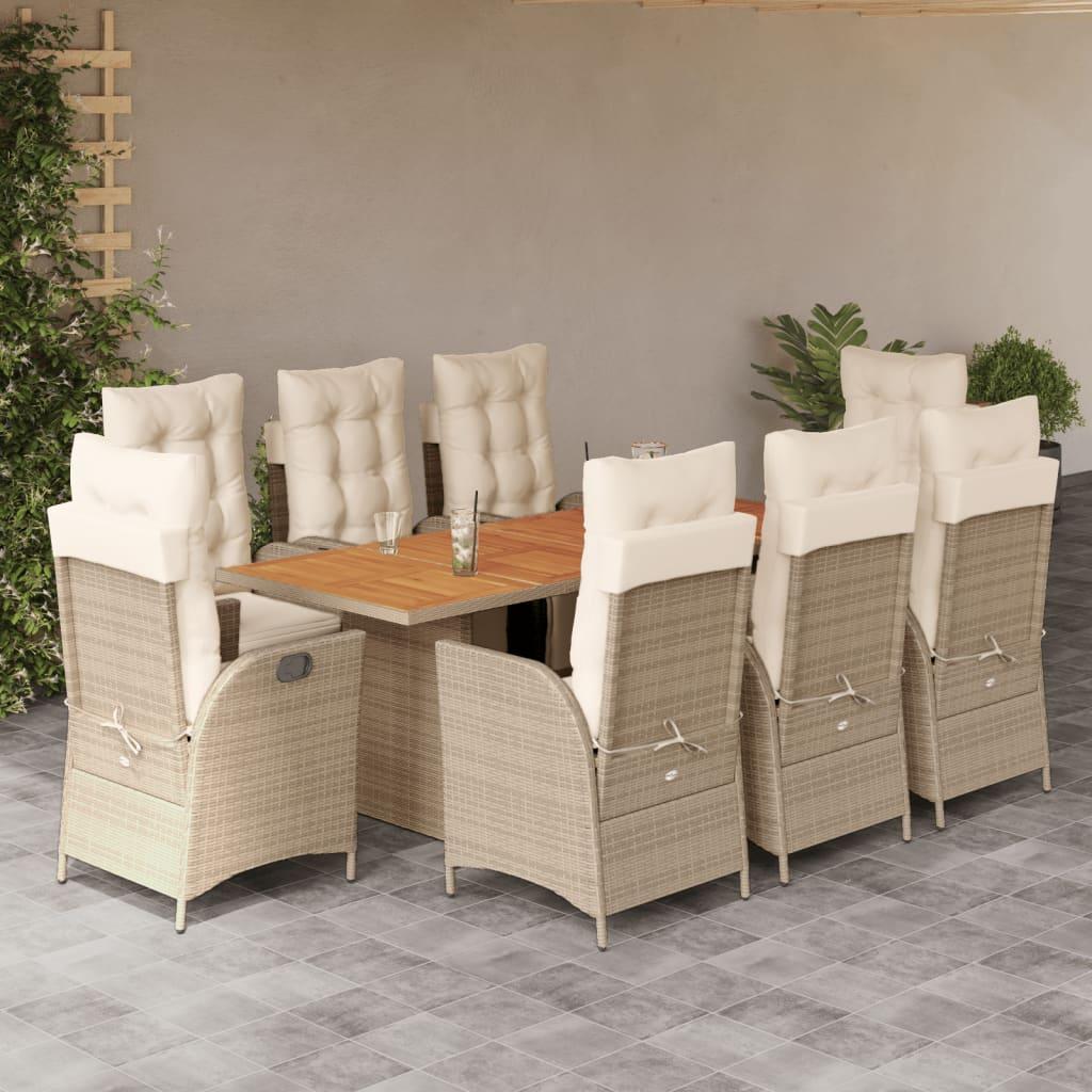 Spisebordssæt til haven 9 dele med hynder polyrattan beige