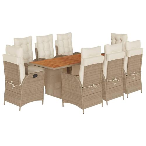 Spisebordssæt til haven 9 dele med hynder polyrattan beige