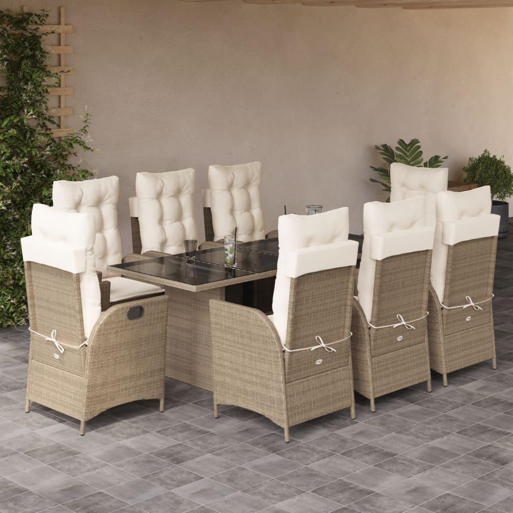 Spisebordssæt til haven 9 dele med hynder polyrattan beige