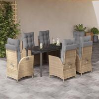 Spisebordssæt til haven 7 dele med hynder polyrattan beige