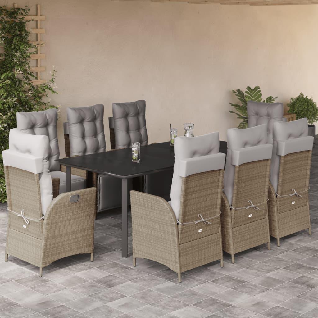 Spisebordssæt til haven 9 dele med hynder polyrattan beige