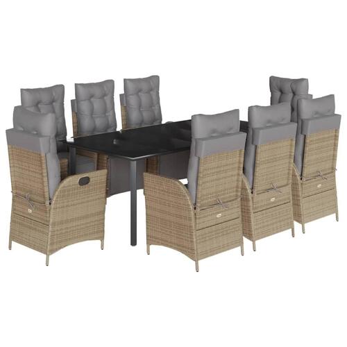Spisebordssæt til haven 9 dele med hynder polyrattan beige