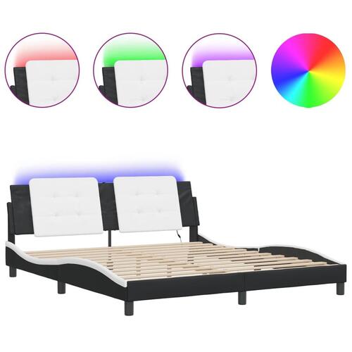 Sengeramme med LED-lys 180x200 cm kunstlæder sort og hvid
