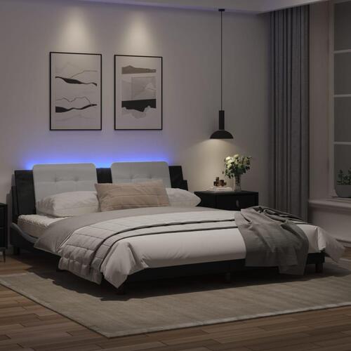 Sengeramme med LED-lys 180x200 cm kunstlæder sort og hvid