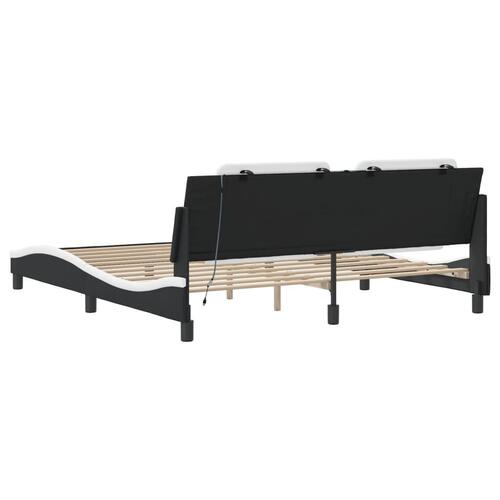Sengeramme med LED-lys 180x200 cm kunstlæder sort og hvid