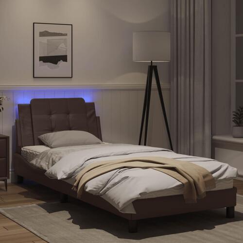 Sengeramme med LED-lys 90x200 cm kunstlæder brun