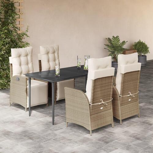 Spisebordssæt til haven 5 dele med hynder polyrattan beige