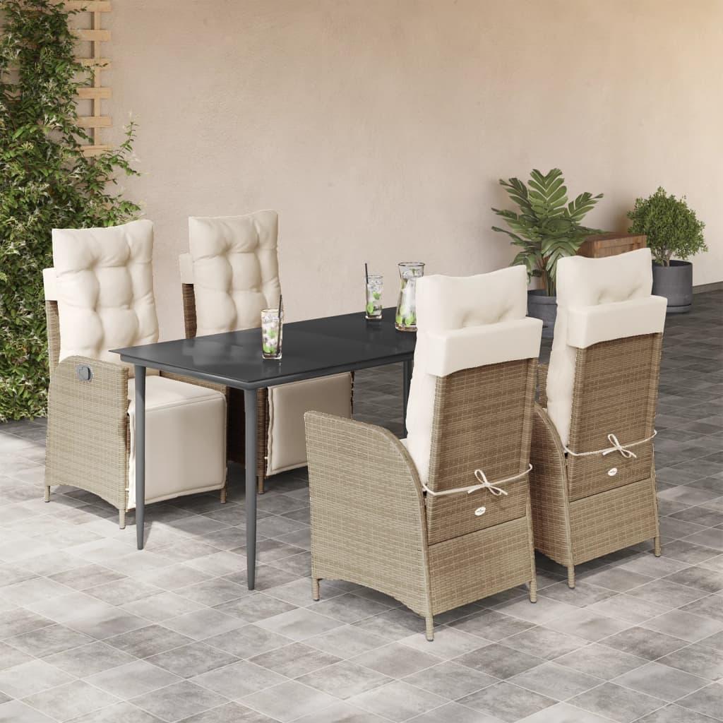 Spisebordssæt til haven 5 dele med hynder polyrattan beige