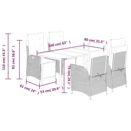 Spisebordssæt til haven 5 dele med hynder polyrattan beige
