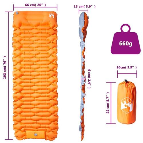 1-personers campingmadras med pude selvoppustelig orange