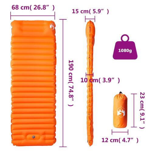 1-personers campingmadras med pude selvoppustelig orange