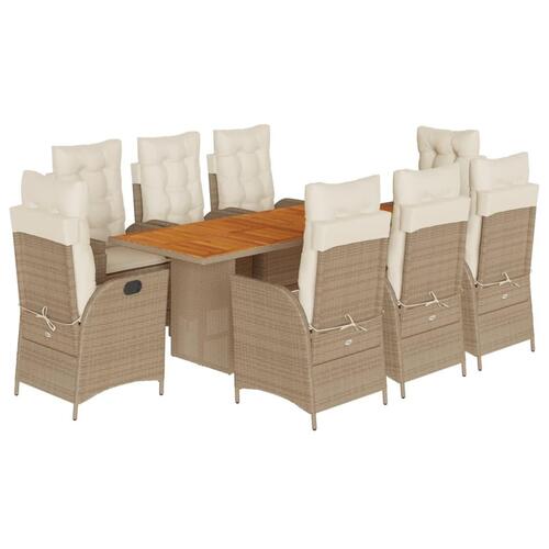 Spisebordssæt til haven 9 dele med hynder polyrattan beige