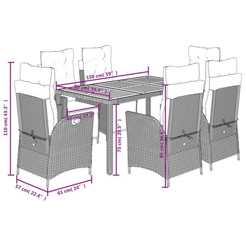 Spisebordssæt til haven 7 dele med hynder polyrattan grå