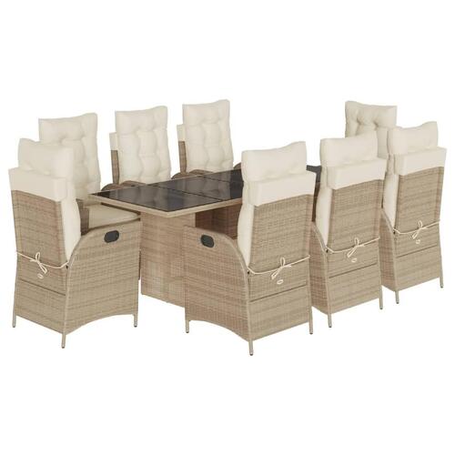 Spisebordssæt til haven 9 dele med hynder polyrattan beige
