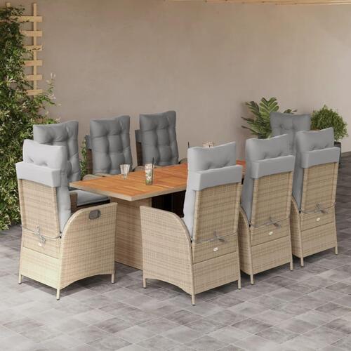 Spisebordssæt til haven 9 dele med hynder polyrattan beige