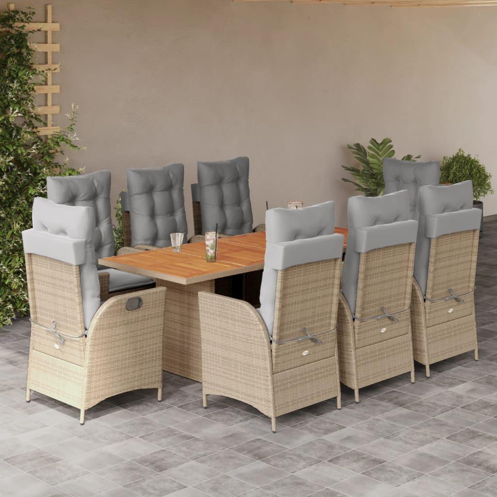 Spisebordssæt til haven 9 dele med hynder polyrattan beige