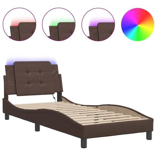 Sengeramme med LED-lys 100x200 cm kunstlæder brun