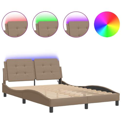 Sengeramme med LED-lys 120x200 cm kunstlæder cappuccinofarvet