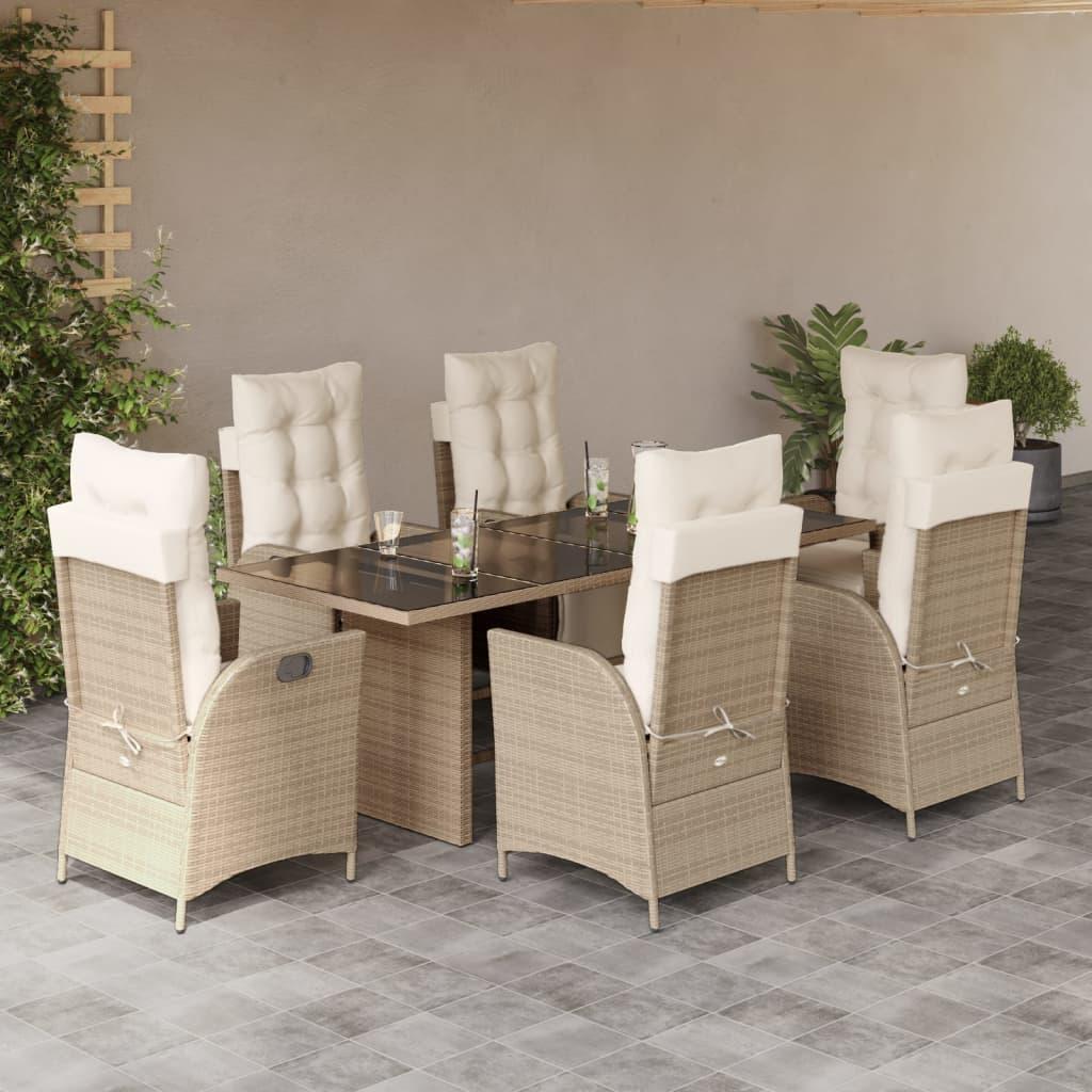 Spisebordssæt til haven 7 dele med hynder polyrattan beige