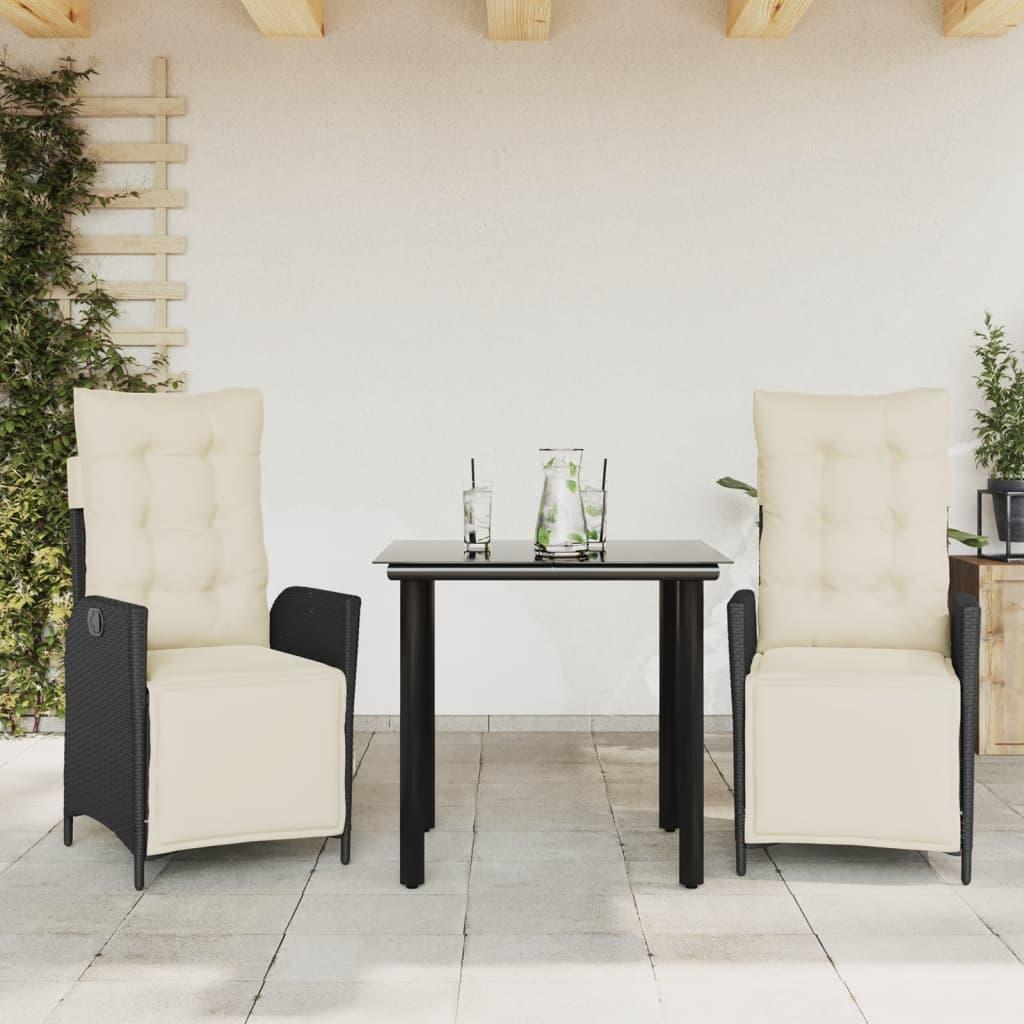 Spisebordssæt til haven 3 dele med hynder polyrattan sort