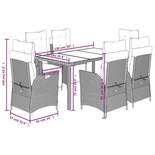 Spisebordssæt til haven 7 dele med hynder polyrattan sort