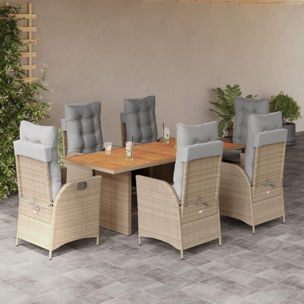 Spisebordssæt til haven 7 dele med hynder polyrattan beige