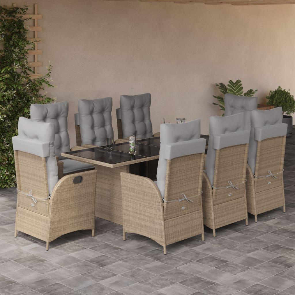 Spisebordssæt til haven 9 dele med hynder polyrattan beige