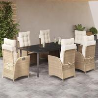 Spisebordssæt til haven 7 dele med hynder polyrattan beige