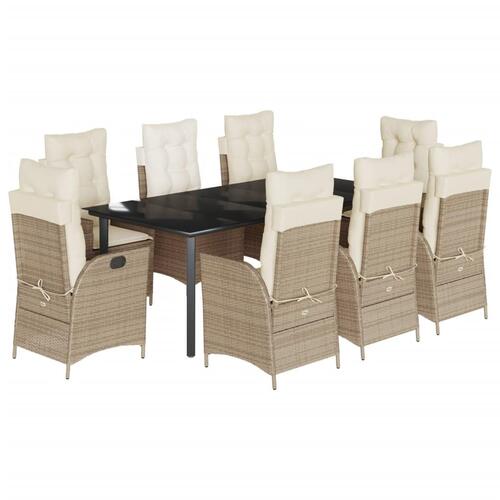 Spisebordssæt til haven 9 dele med hynder polyrattan beige