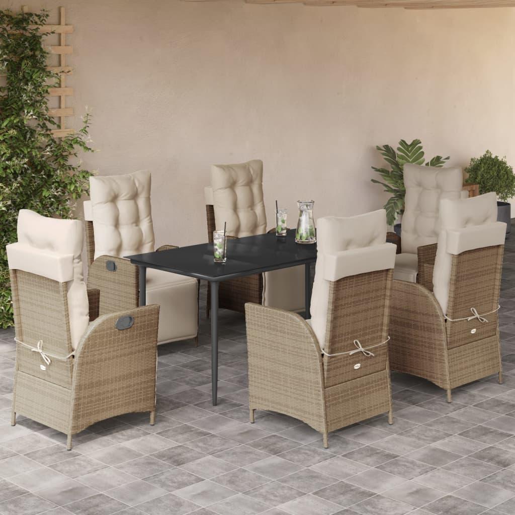 Spisebordssæt til haven 7 dele med hynder polyrattan beige