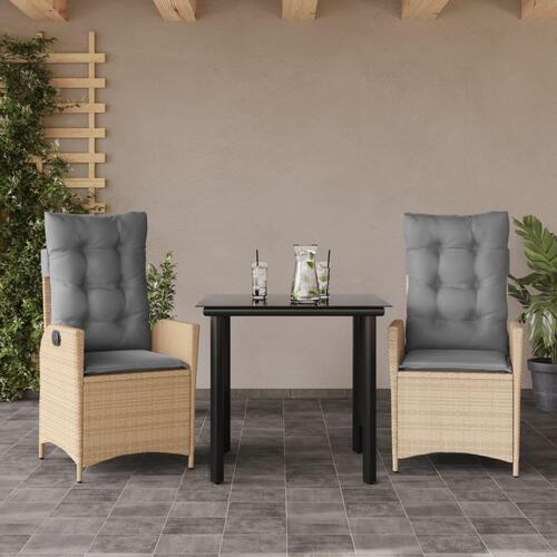 Spisebordssæt til haven 3 dele med hynder polyrattan beige