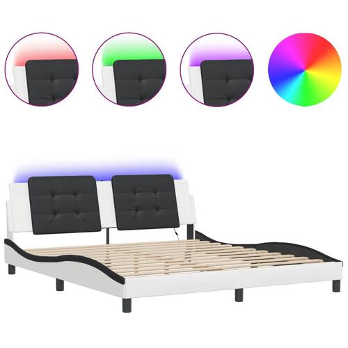 Sengeramme med LED-lys 180x200 cm kunstlæder sort og hvid