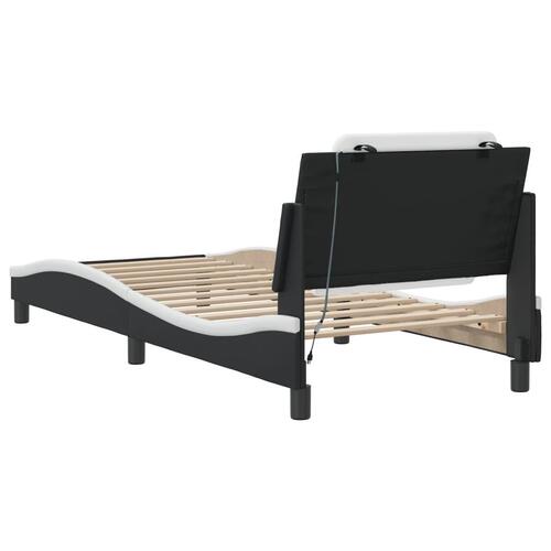 Sengeramme med LED-lys 90x190 cm kunstlæder sort og hvid