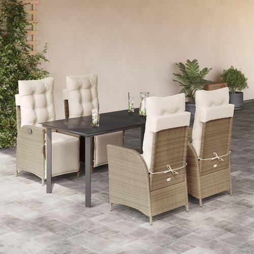 Spisebordssæt til haven 5 dele med hynder polyrattan beige
