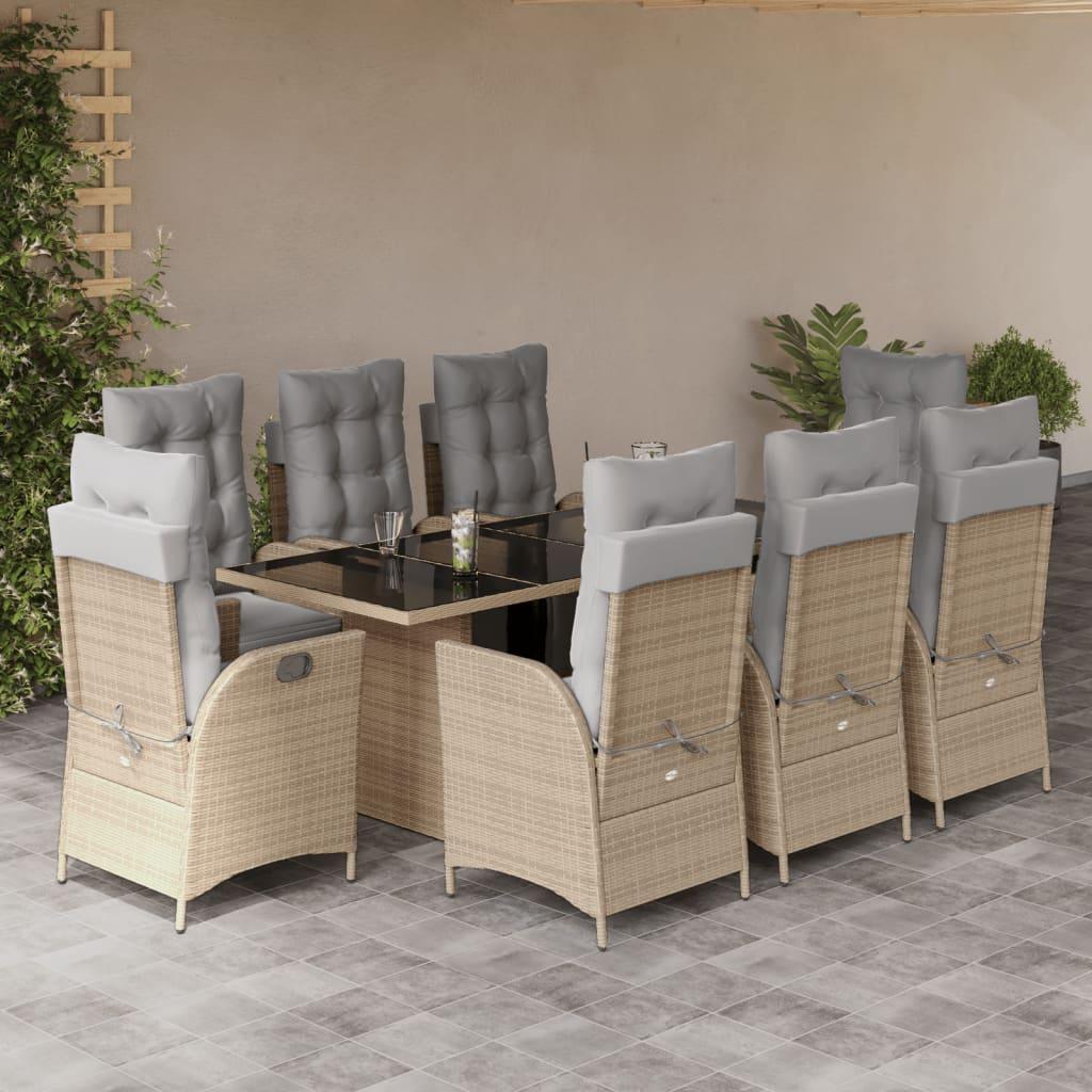 Spisebordssæt til haven 9 dele med hynder polyrattan beige
