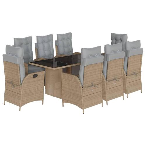 Spisebordssæt til haven 9 dele med hynder polyrattan beige