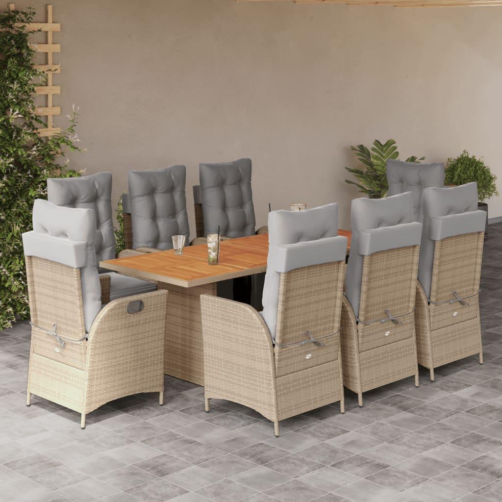 Spisebordssæt til haven 9 dele med hynder polyrattan beige