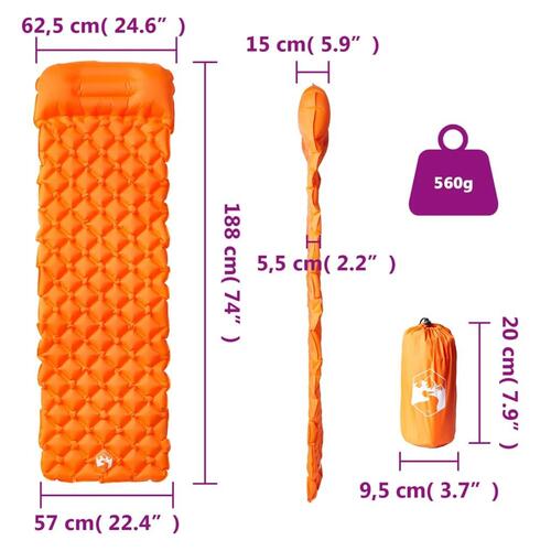 1-personers campingmadras med pude oppustelig orange
