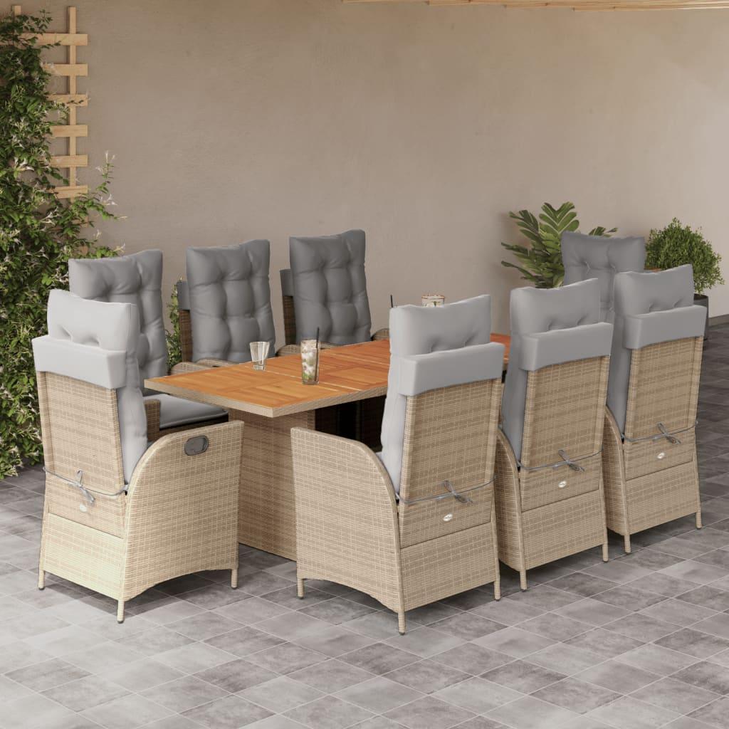 Spisebordssæt til haven 9 dele med hynder polyrattan beige