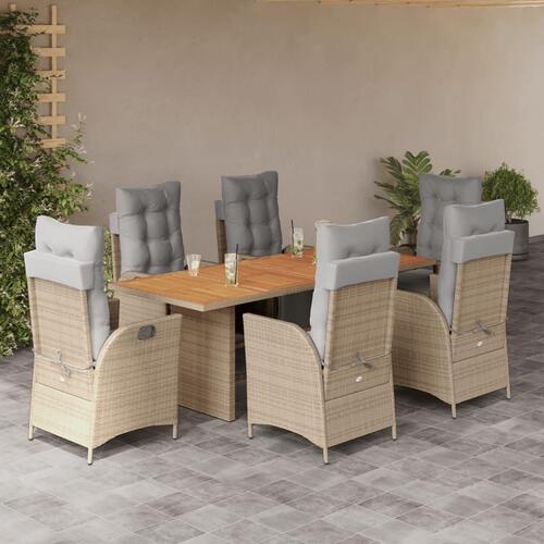 Spisebordssæt til haven 7 dele med hynder polyrattan beige