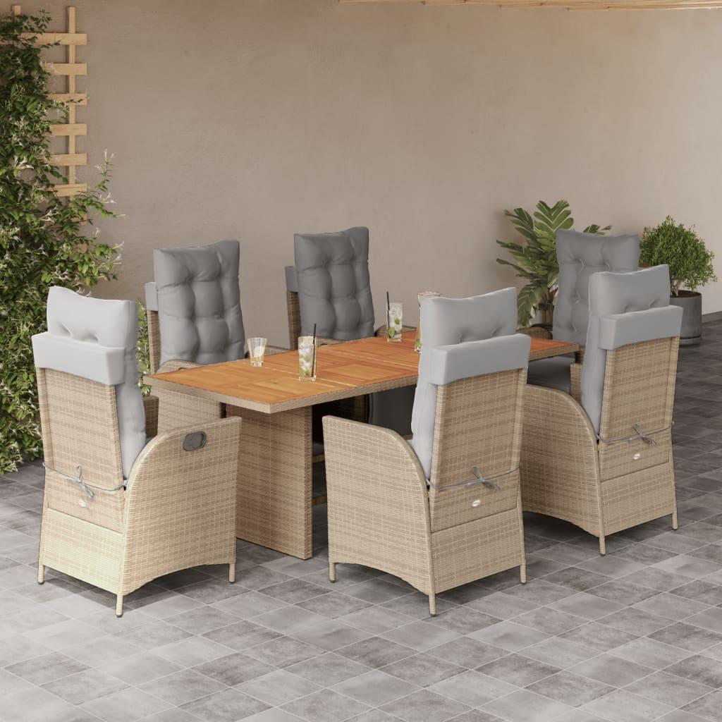 Spisebordssæt til haven 7 dele med hynder polyrattan beige