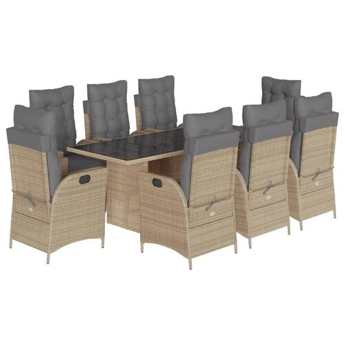 Spisebordssæt til haven 9 dele med hynder polyrattan beige